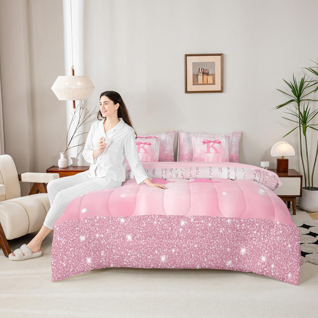 Kids Pink Bowknot 7 Pieces Bedding Set Full, Personalized Initial K Bed in A Bag Princess Glitter Comforter Set with