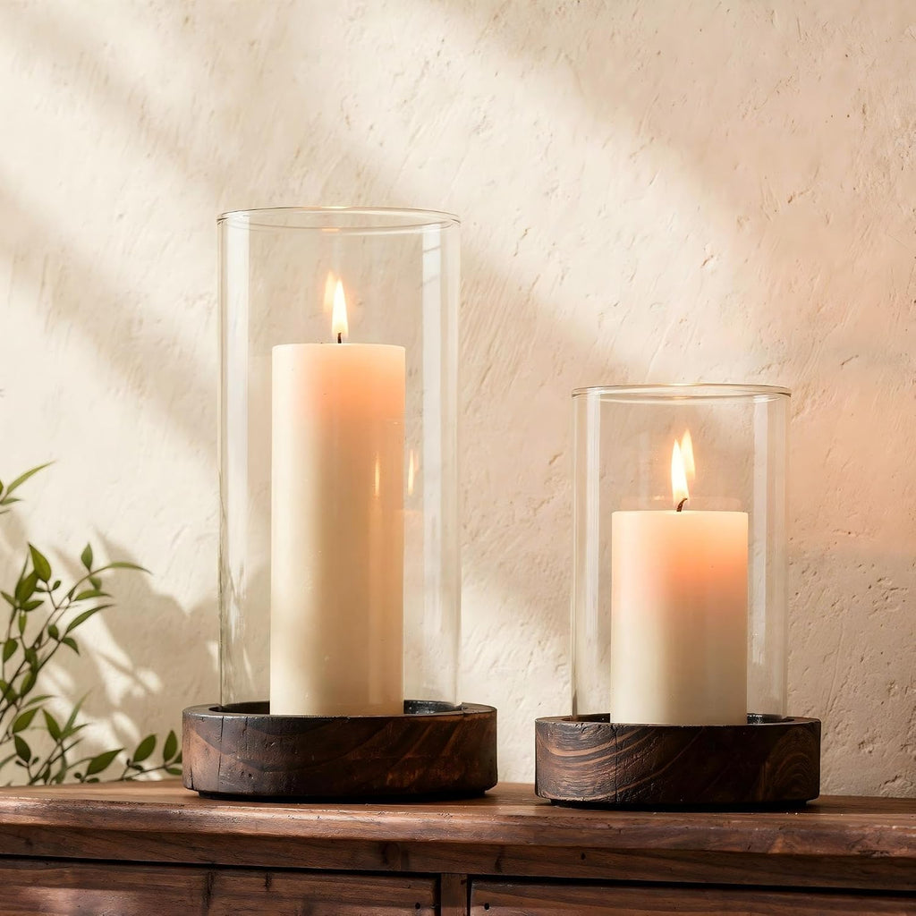 Set of 2 Hurricane Candle Holders with Wood Base & Glass Cylinder (4.2x5.9" & 4.6x7.8") - Rustic Wooden Candle