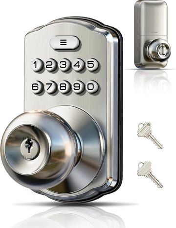 Keypad Door Knob, Keyless Entry Lock with Handle, Satin Nickel