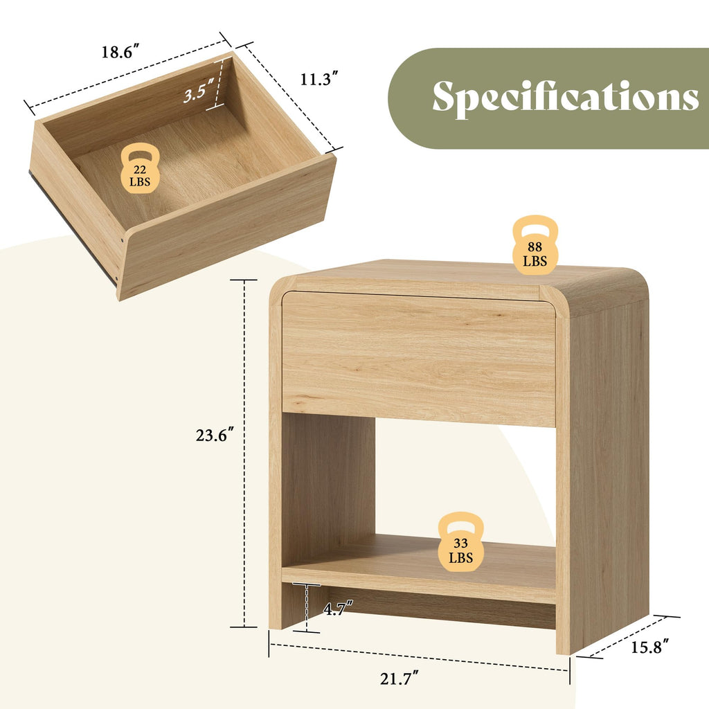 Nightstands Set of 2 with Storage Drawer & Shelves, Oak