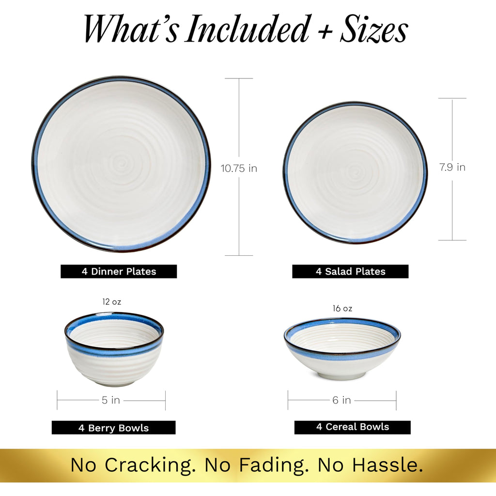 Siterra Santorini 16-Piece Stoneware Dinnerware Set for 4, Ceramic White Plates and Bowls Sets with Blue Rim &
