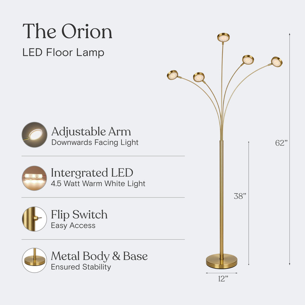 Orion Arc Floor Lamp, Tree Floor Lamp with 5 Adjustable Arms, Multi-Head Standing Lamp with Flexible Rotating LED
