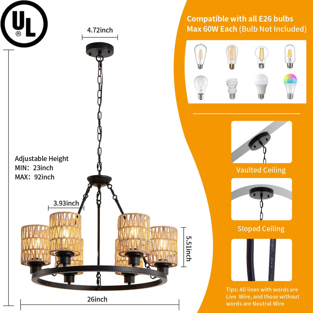 6-Light 24" Farmhouse Rattan Wagon Wheel Chandelier