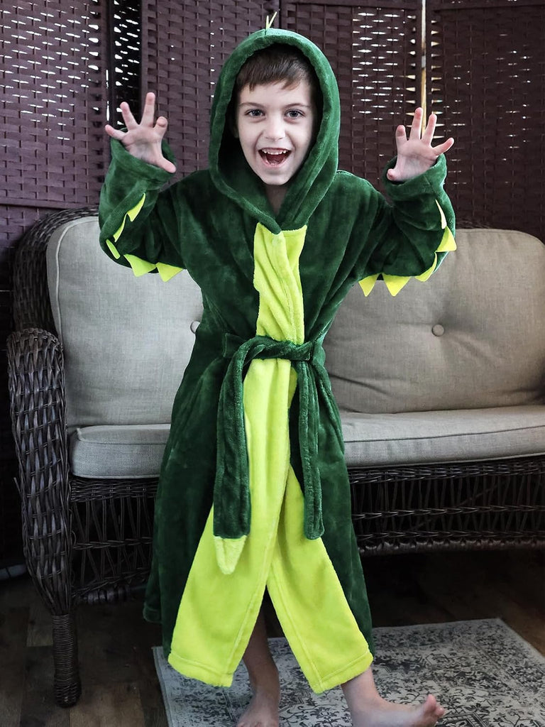 Kids Robe Boys Girl Dinosaur Plush Fleece Hooded Bathrobe