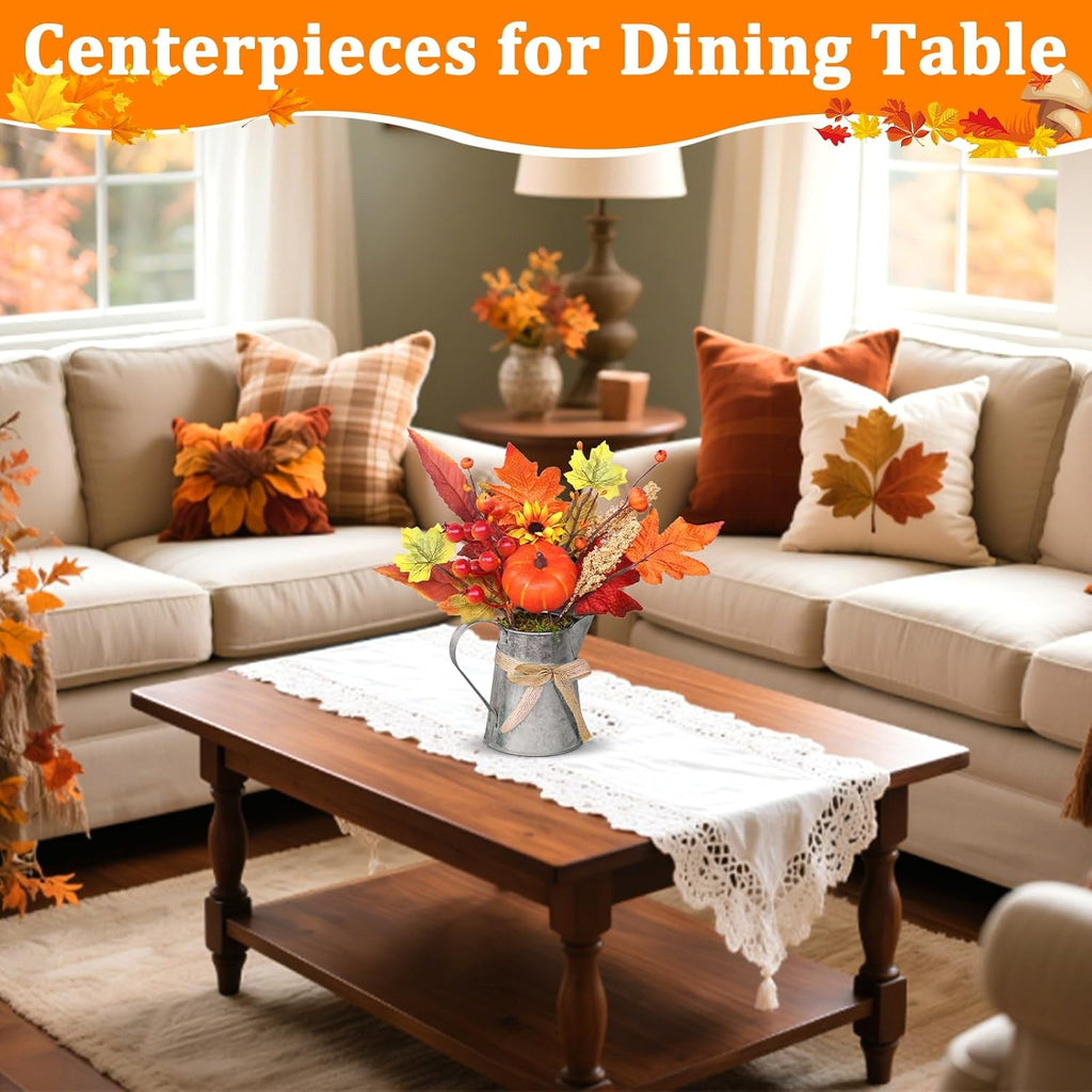 [Light & Timer] Fall Decor Table Centerpiece Rustic Metal Milk Jug with Artificial Orange Maple Tree Pumpkin