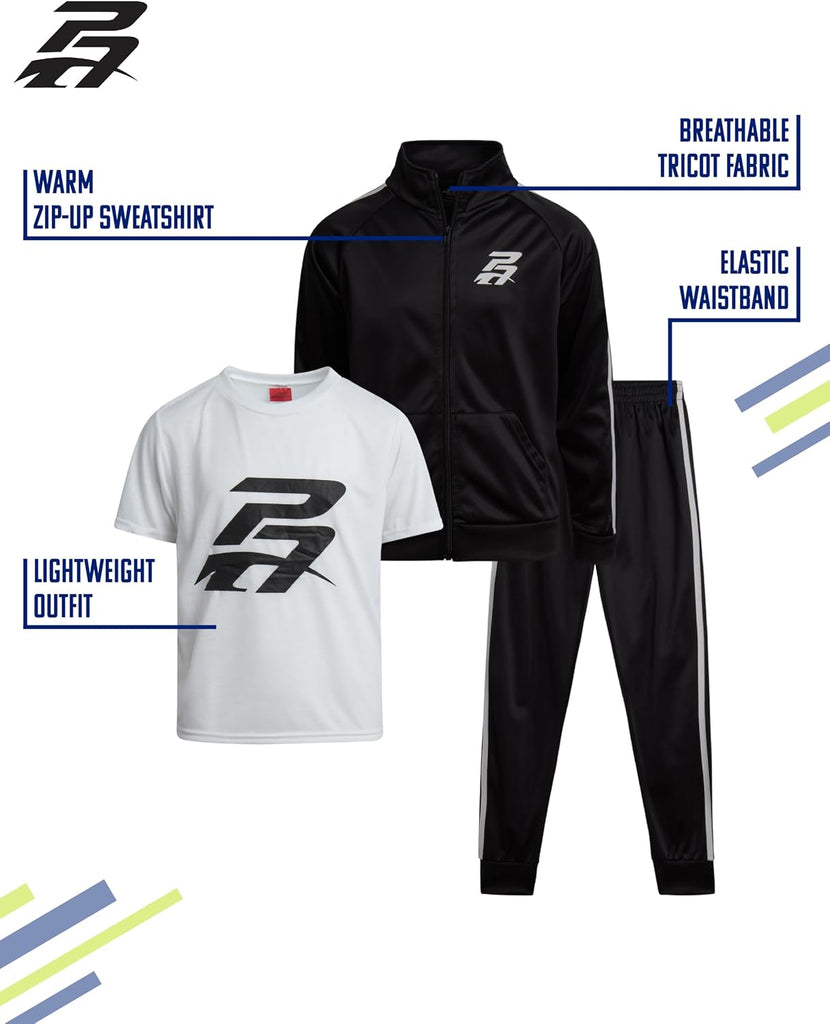 Boys Tracksuit Set - 3 Piece Breathable Tricot Zip Up Sweatshirt Athletic Graphic Tees & Jogger Sweatpants