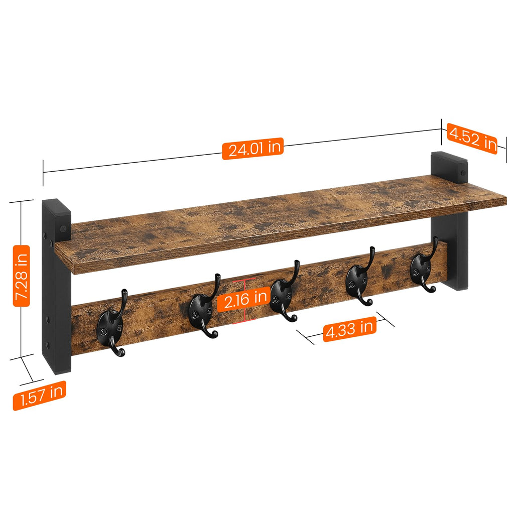 Coat Rack with Wall Mount, 24 Inch Long Entryway Wall Shelf with Hooks, Wood Hanger with Storage Shelf, Rustic Brown