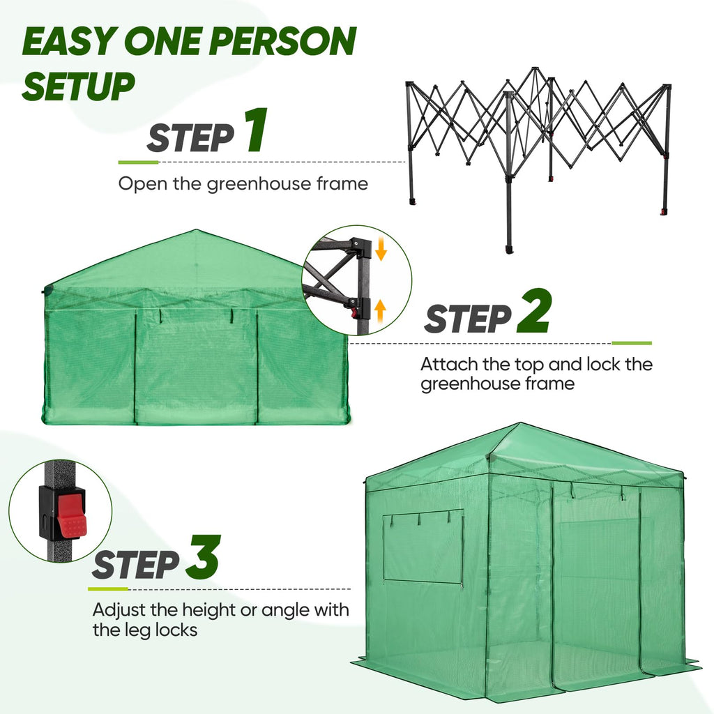 8x8 Easy Setup Pop Up Greenhouse, Clear/Green