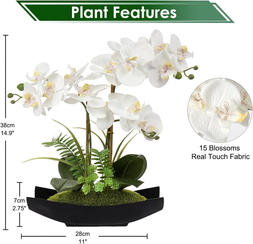 Orchid Artificial Flowers 15in White Fake Orchid Silk Flowers with Black Pot Faux Phalaenopsis Arrangement Room Table