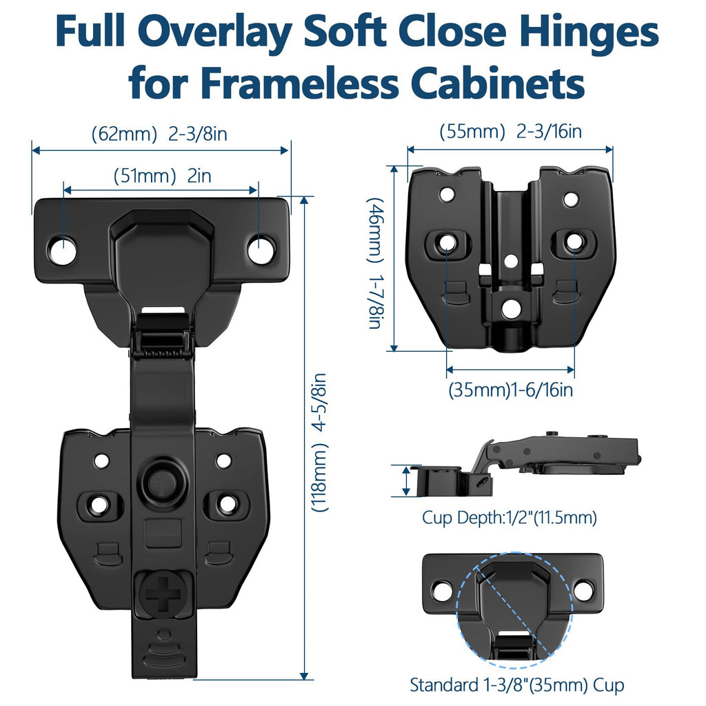 10 Pack Full Overlay Frameless Soft Close Cabinet Hinges, 110° 3D Adjustable Concealed European Hinges, Quiet