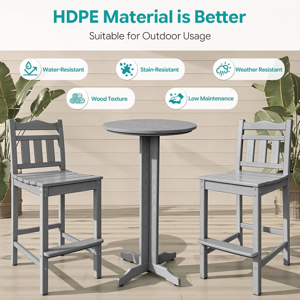 Outdoor Bar Stools Set of 4, HDPE Adirondack Bar Chairs with Backs, All-Weather High Top Patio Chairs, Heavy Duty