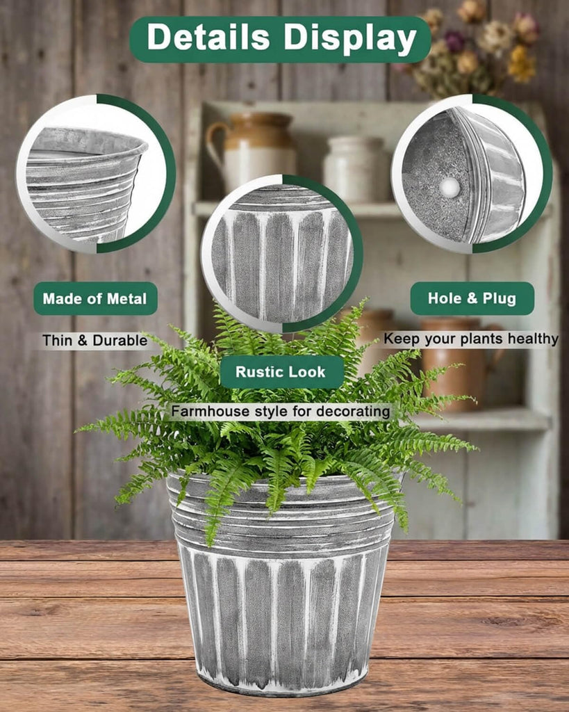 12 Inch Galvanized Planters, 3 Pack Metal Plant Pots with Drainage Hole
