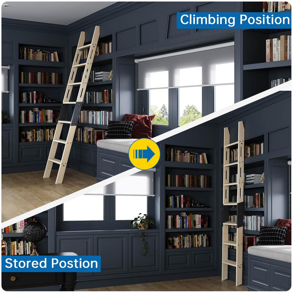 Rolling Library Ladder 8ft,450lbs Capacity,7 Steps with Build-in Handrail,Solid Wood,Easy Assembly for Loft Bookshelf