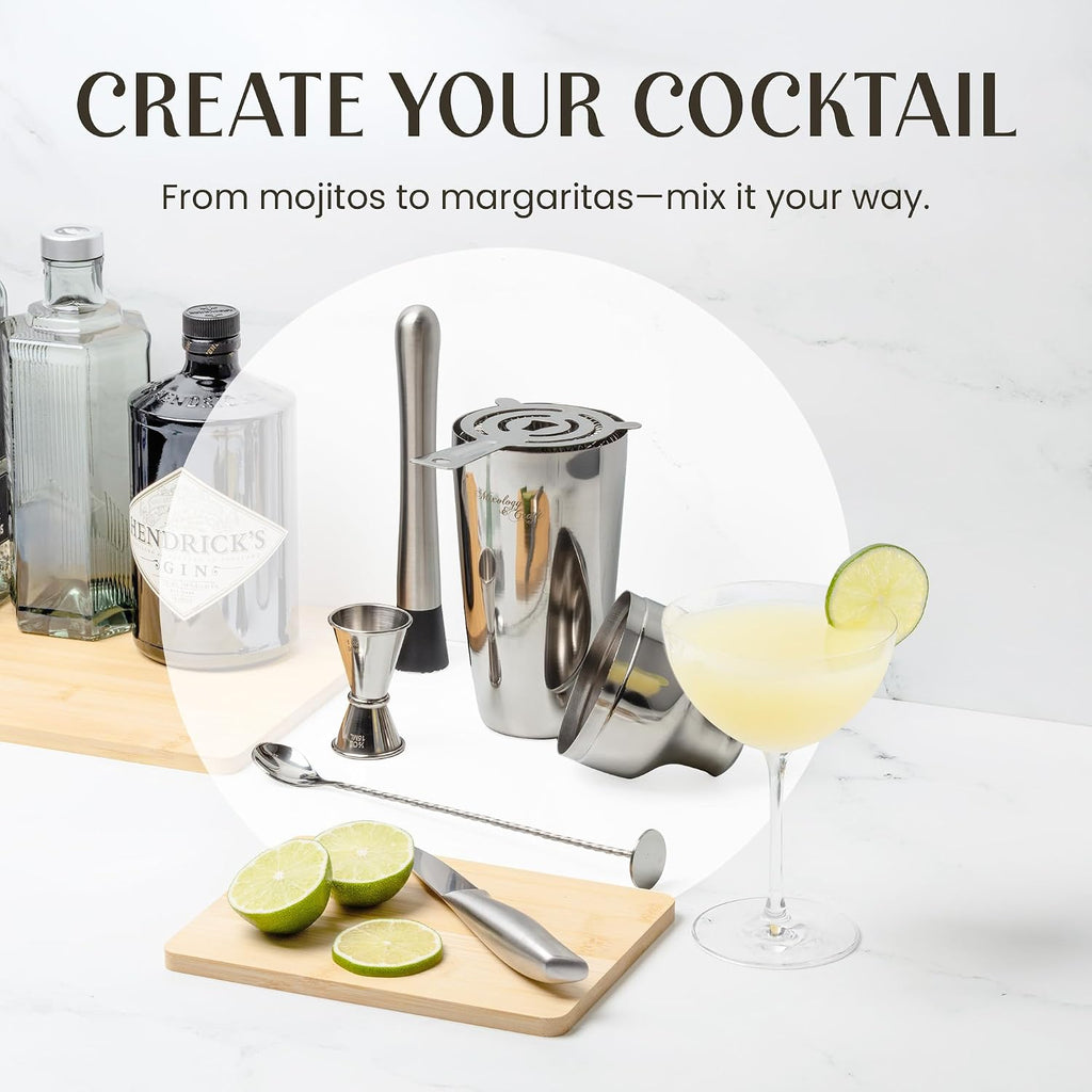 Cocktail Shaker Set with Bamboo Stand - Professional10-Piece Bartender Kit, Complete Bar Set Use with Jigger - Set of 10