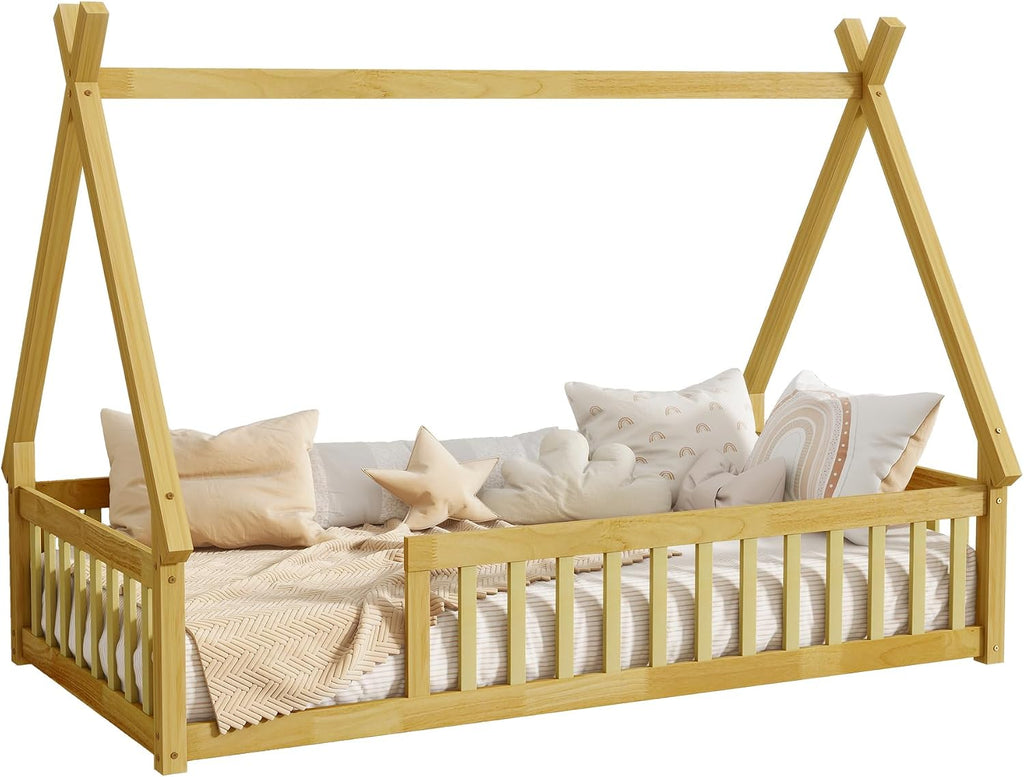 Floor Bed for Kids, Twin Size Teepee Tent Beds, Montessori Floor Bed with Slats and Fence Rails, Wood House Bed Frame