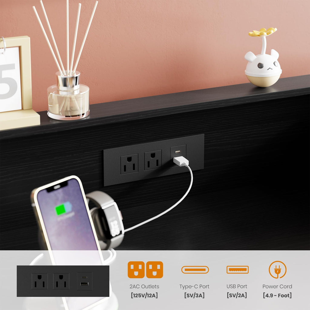8 Drawer Dresser with LED Light and Charging Station, Black