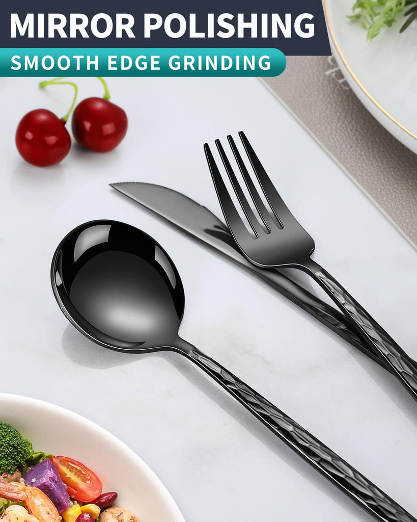Hammered Black Silverware Set,30 Piece Stainless Steel Flatware Set for 6,Modern Cutlery Set,Includes Spoon Fork