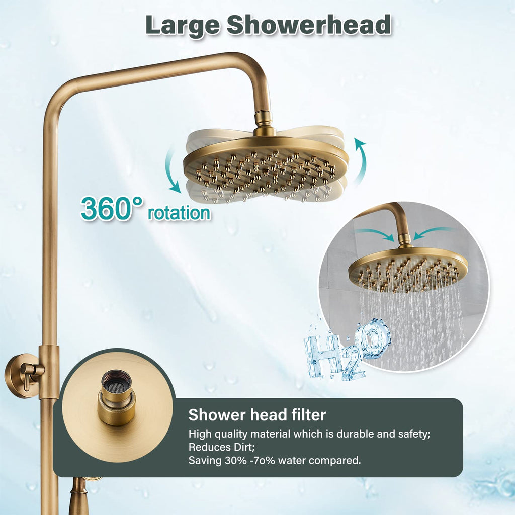 Antique Brass Bathroom Shower Faucet System Set 8 Inch Rainfall Shower Head Handheld Spray 2 Knobs Mixing