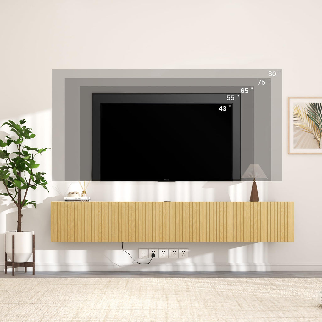 82" Floating TV Stand with LED Lights & Charging Station, Wall Mounted Entertainment Center for 75 80 inch TV, Modern