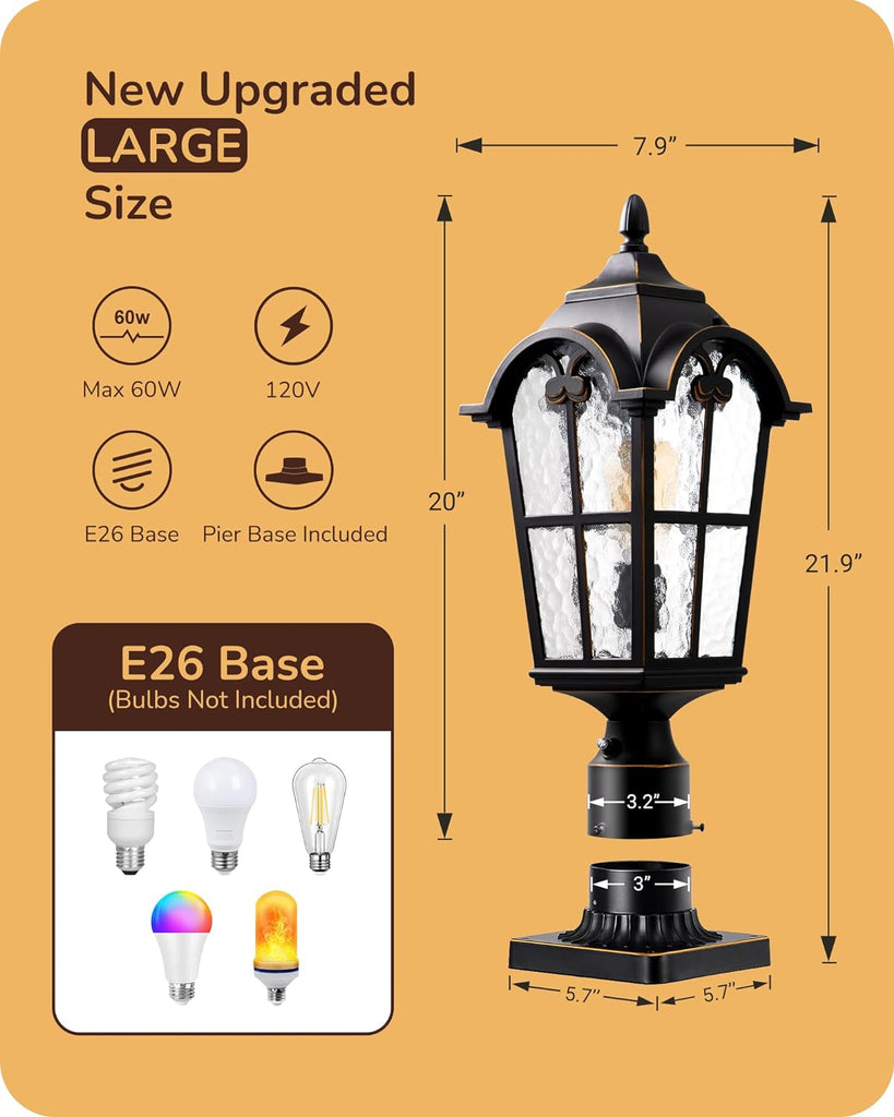 Large Size Dusk to Dawn Outdoor Post Light, 21.9'' H 120V Pole Light Fixture with Pier Mount Base