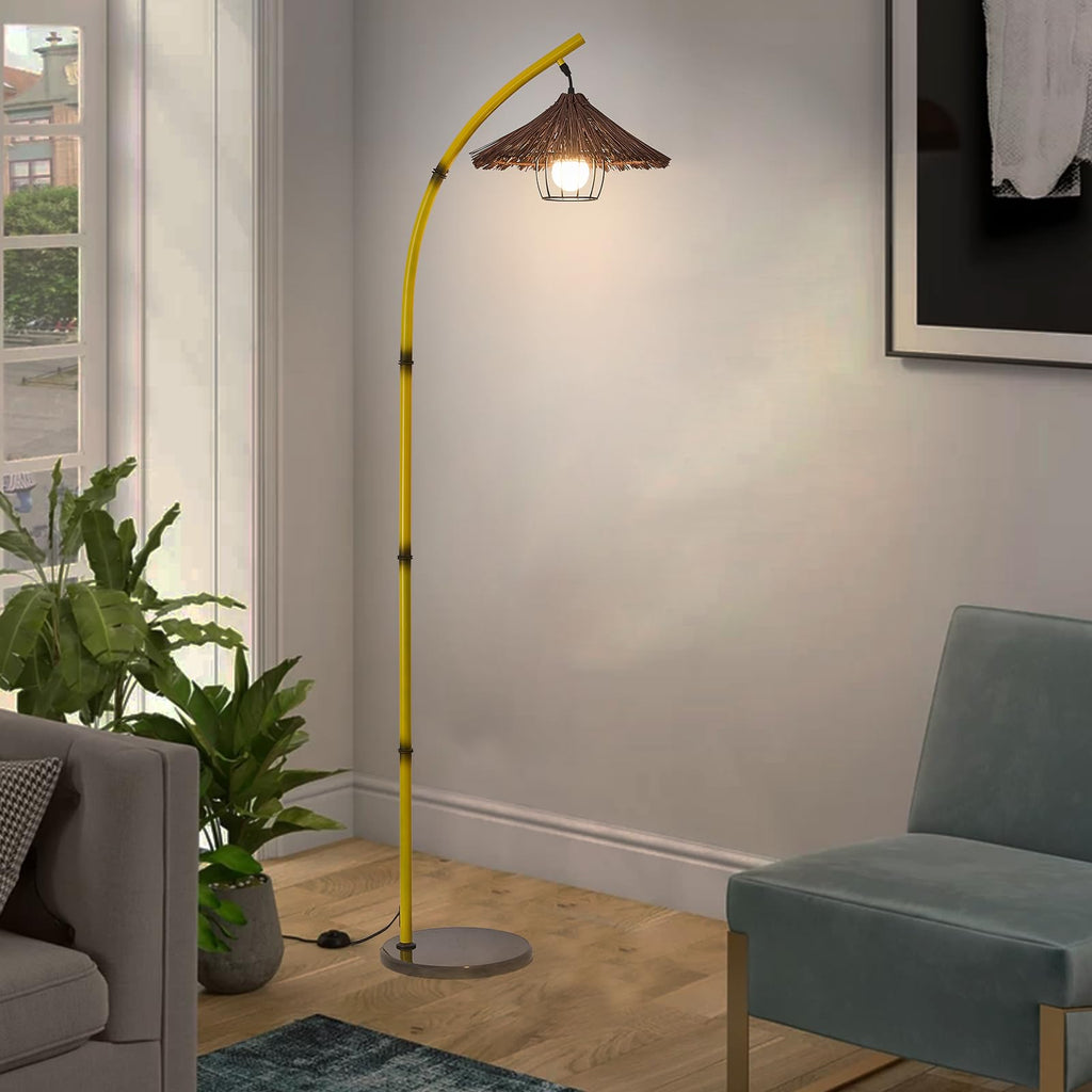 Bamboo Floor lamp Mid Century Rattan Retro Floor lamp Bohemian, Arc Floor Lamps Tall Reading Lamps Antique Rattan