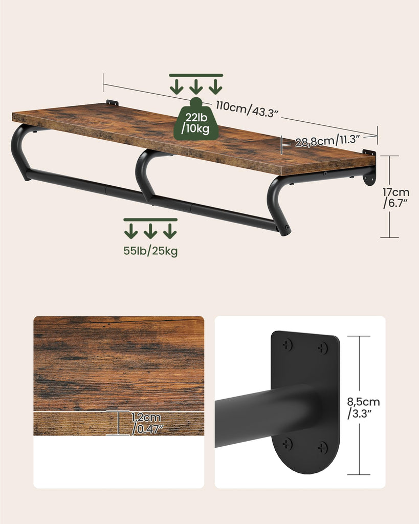 Wall Mounted Clothes Rack, Metal Garment Rack with Top Shelf, Laundry Storage Shelf with Hanging Rod, for Laundry