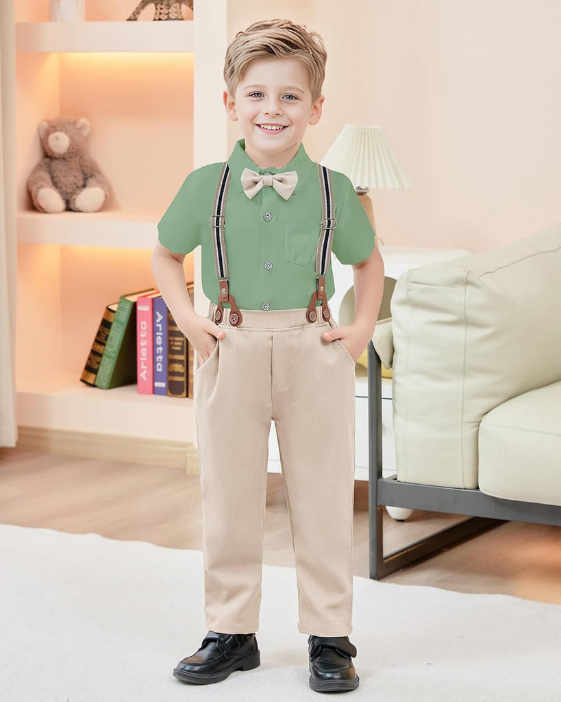 Boys Clothes Formal Suit Gentleman Wedding Outfit Short Sleeve Shirt with Bow Tie and Suspender Pants