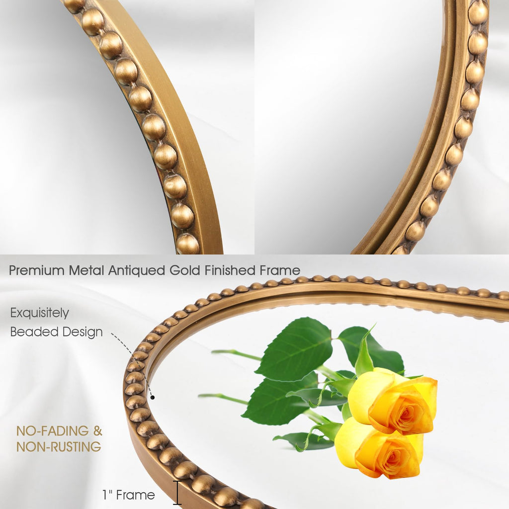 Oval Full Length Mirror, 20"x53" Metal Beaded Frame Large Hanging Dressing Floor Mirror, Antique Gold (No Stand)