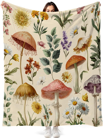 Boho Vintage Mushroom Floral Throw Blanket Country Flower and Green Leaf on Beige Soft Cozy Flannel Fleece Blankets