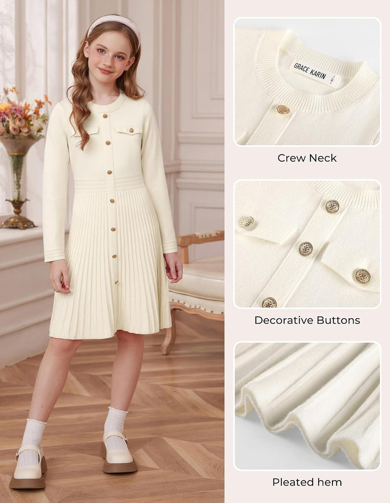 Girls Sweater Fall Dress Long Sleeve Knit Button Front Pleated A-Line Casual Winter Midi Dresses