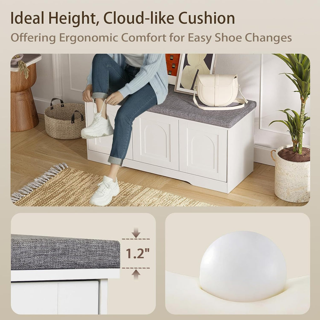 Shoe Storage Bench with Cushion, Door, White 39.4" LX17.7 H | Entryway Bench, 2-Tier Cabinet Bench, Widened Cubby
