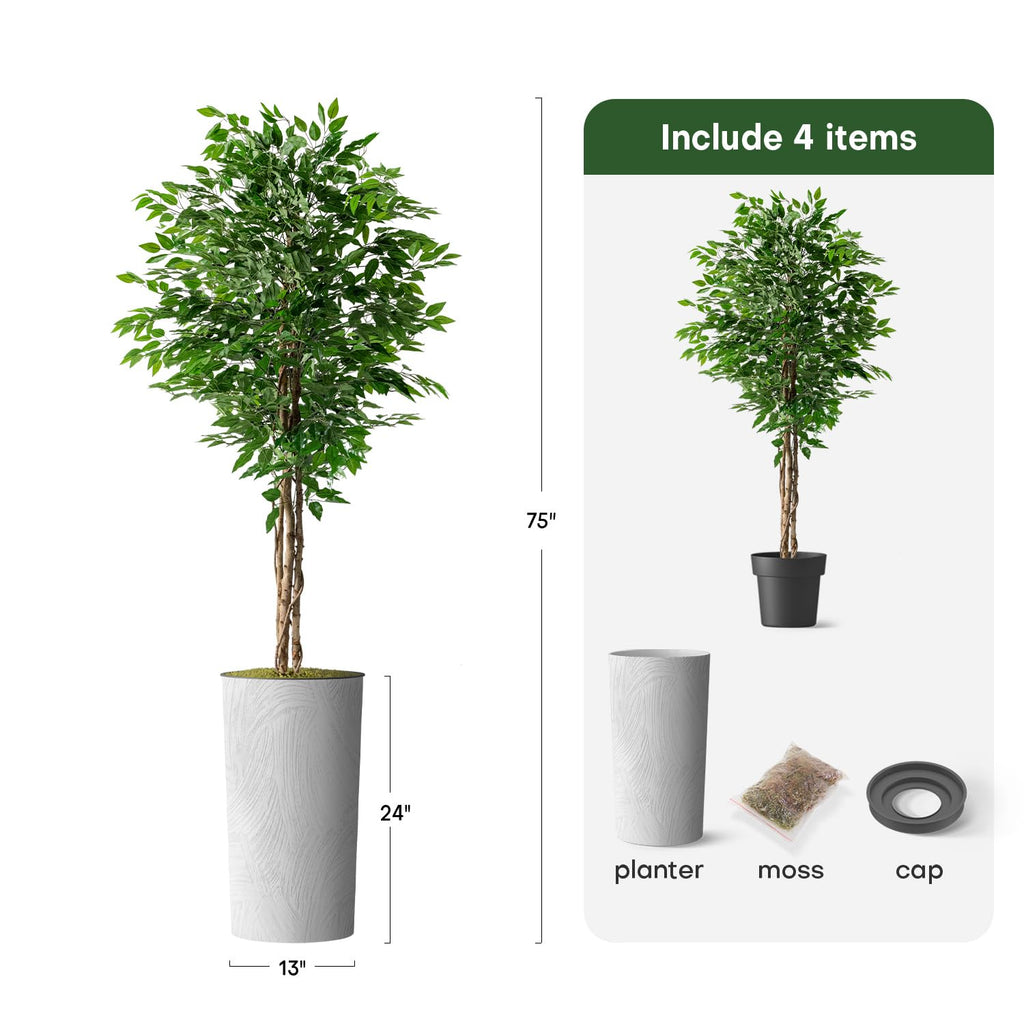 Artificial Tree in White Marble Effect Planter, Fake Ficus Silk Tree for Indoor and Outdoor Home Decoration - 75"