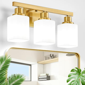 Bathroom Vanity Light, 3-Light Gold Modern Bathroom Light Fixtures with Square Frosted Glass, Gold Wall Lamp Sconces