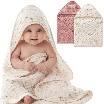Muslin Baby Hooded Towel 2 Pack, Soft & Absorbent Bath Towel for Baby Girls, Infant Gift, Newborn Essentials, Pink