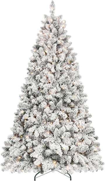 Prelit Artificial Christmas Tree with 300 UL Warm White Lighting, Snow Flocked and Fluffy PVC Branches