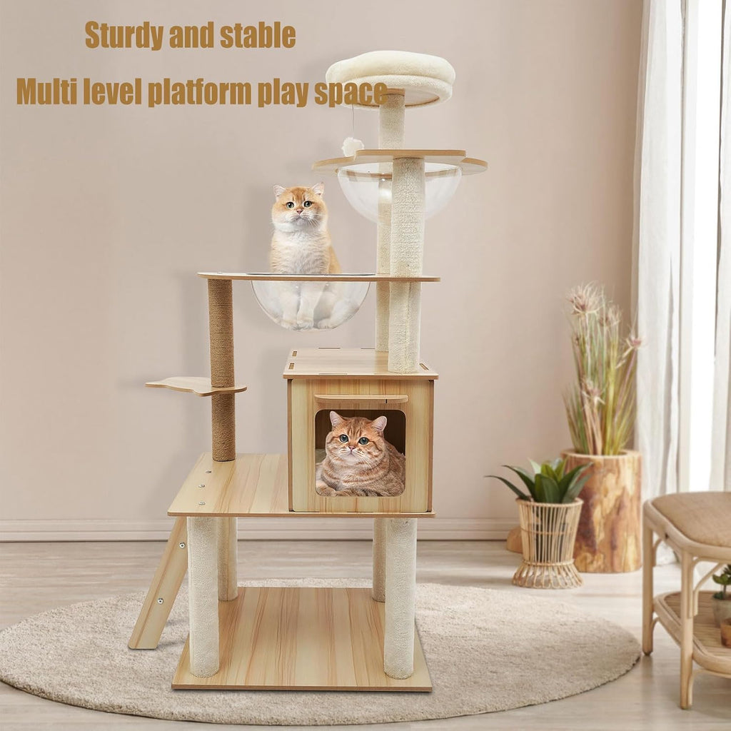 Wood Cat Tree, Modern 5-Tier Wooden Cat Tree, Wooden Tower with Acrylic Space Capsules & Sisal Scratching Post