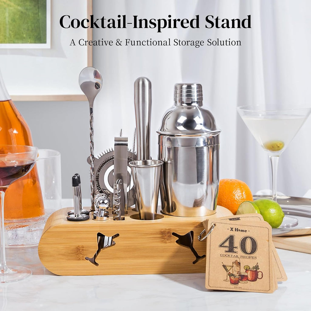 Bartender Kit with Stand, Cocktail Shaker Set for Enthusiasts and Beginners | Includes Martini Shaker - Set of 15