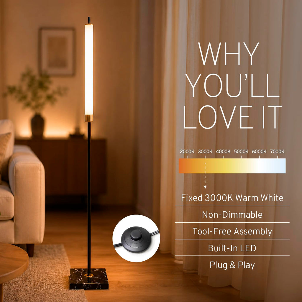 Floor lamp, 56" LED standing light 16W 3000K Modern Marble Lamp with 50, 000-Hour LED, Black & Brass standing lamp