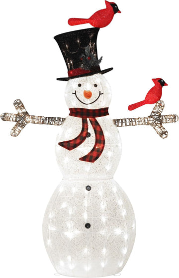 5FT Lighted Snowman with Birds for Christmas Decoration, 3D Pre-Lit Iridescent Snowman Xmas Decor with 90 LED Lights