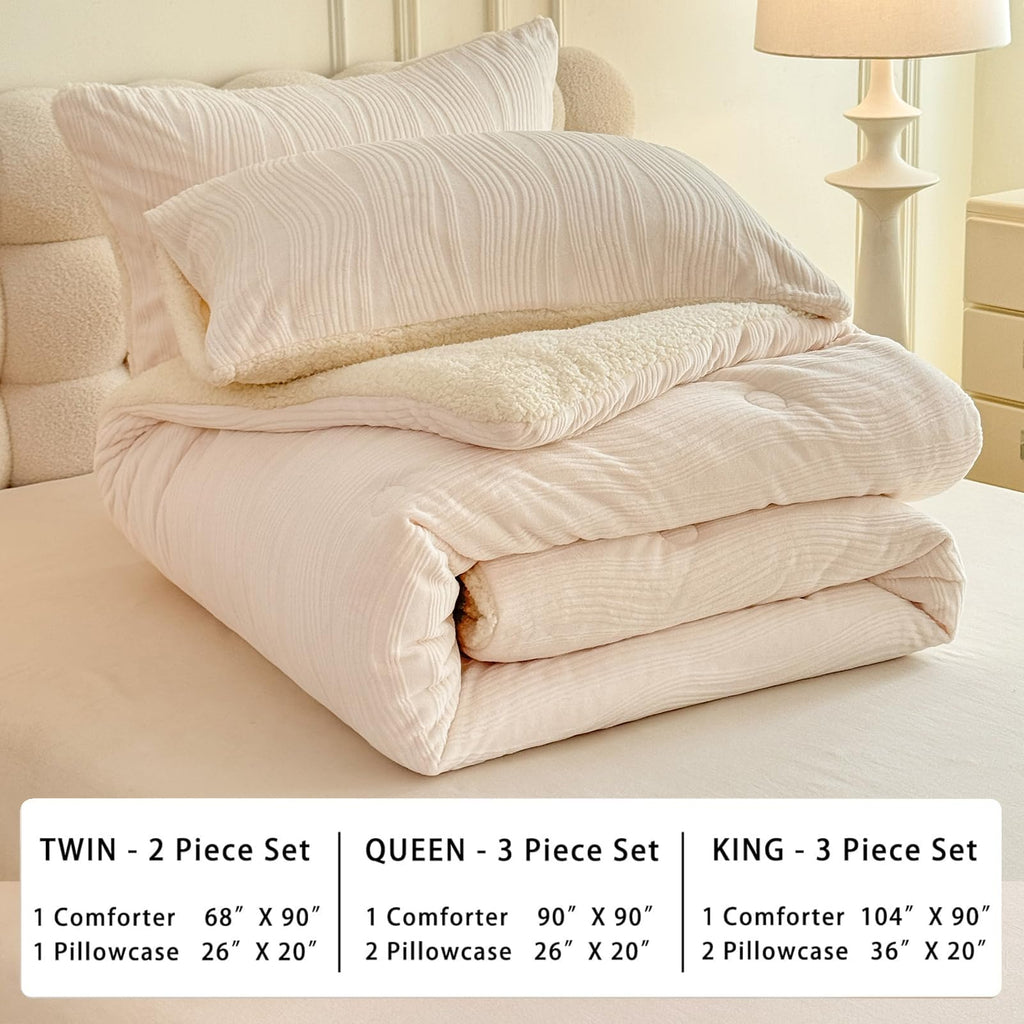 3D Striped Jacquard Sherpa Comforter Set, Geometric Pattern Boho Quilt Bedding 3 Pieces Warm Cozy Fuzzy