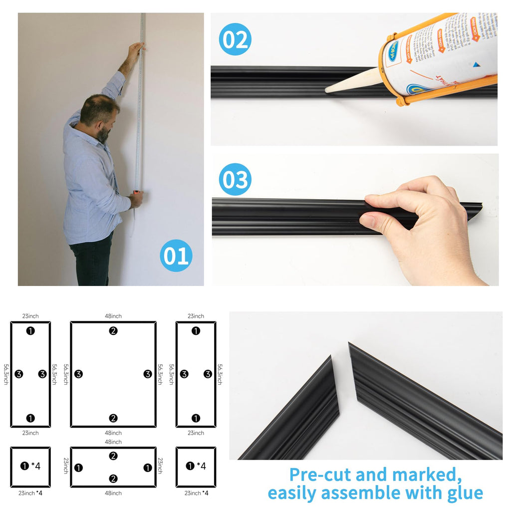 Pre-Cut Wall Molding Set of 6 pcs, 3 Top 3 Bottom, Black