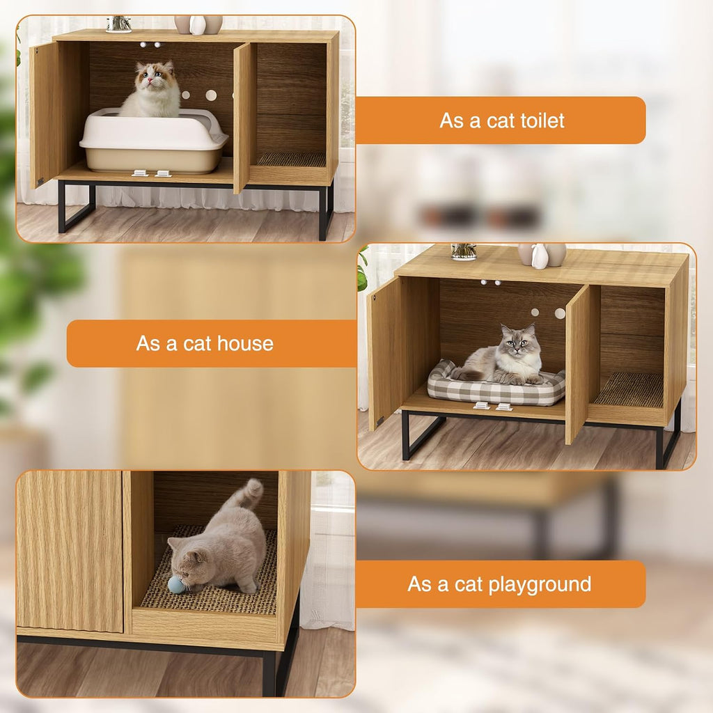 Cat Litter Box Enclosure, Fluted Hidden Litter Box Furniture with Scratch Pad and Metal Legs, Modern Enclosed Cat