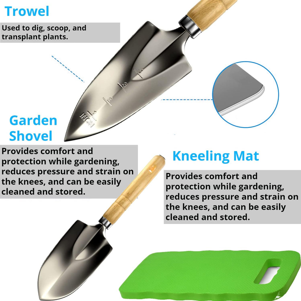 Premium Gardening Kit for Women - 10 Stainless Steel Tools with Ergonomic Handles, Tote Bag, Kneeling Pad, Shears