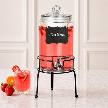 1 Gallon Beverage Dispenser 1 Pack, Stainless Steel Spigot Drink Dispenser for Parties with Stand, Clear Glass Drink