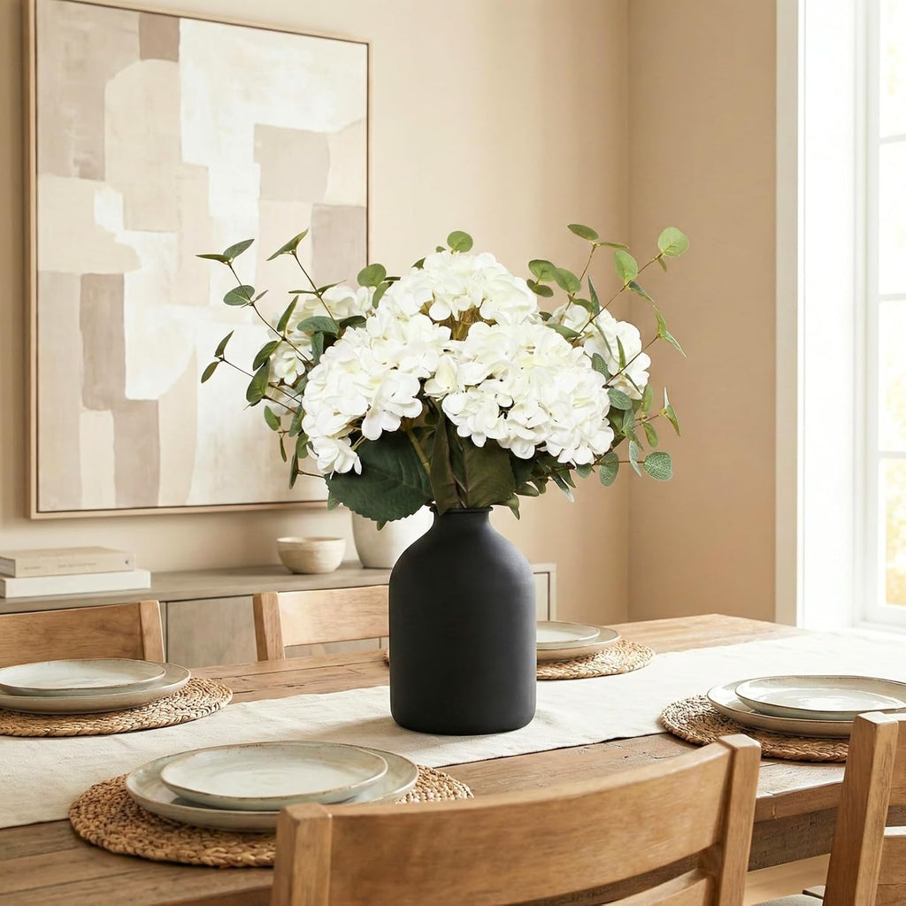 Real Touch White Faux Hydrangea And Eucalyptus Arrangement, Faux Floral Arrangements, Hyper Realistic Artificial - Set of 8