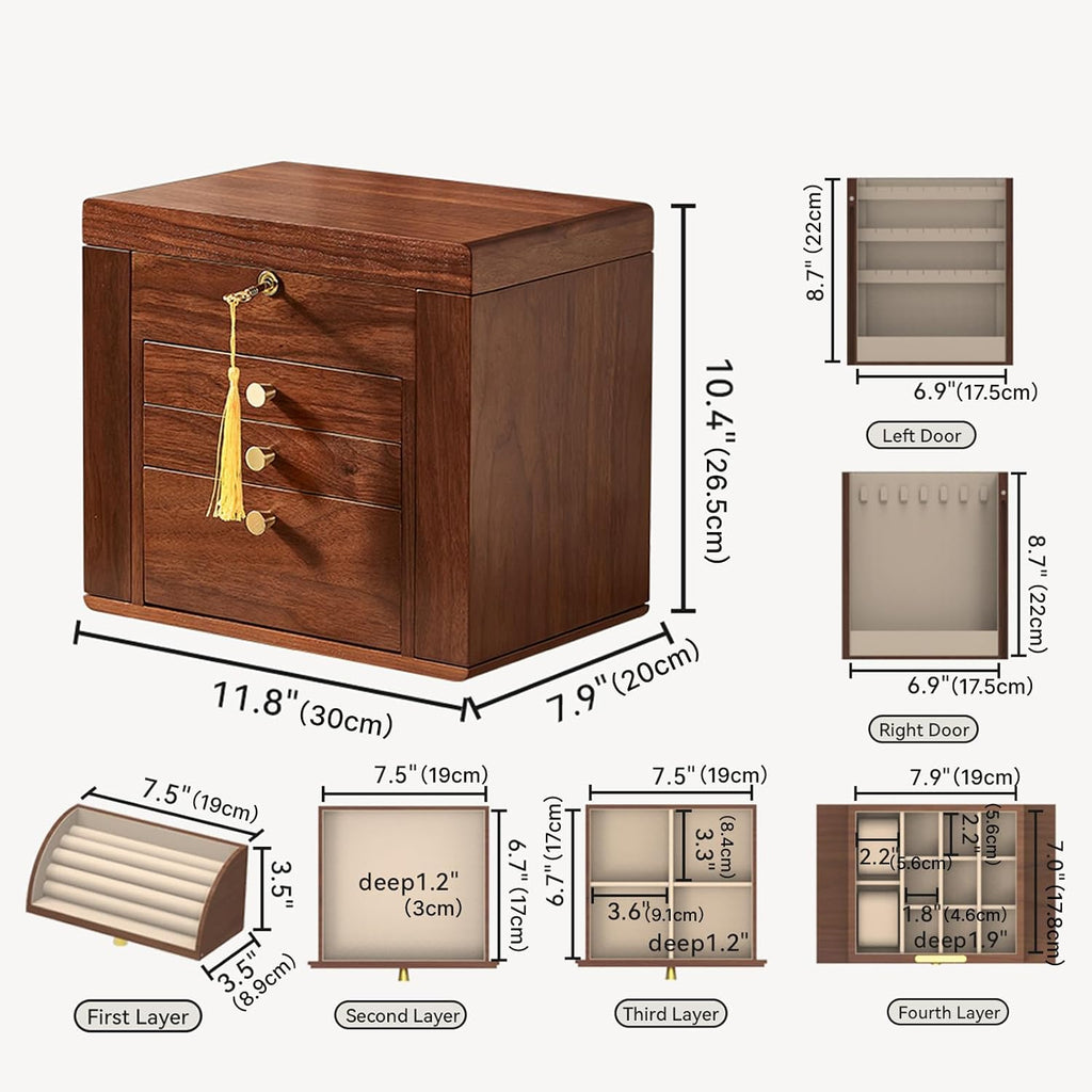 Black Walnut Wooden Jewelry Box for Women, 4 Layer