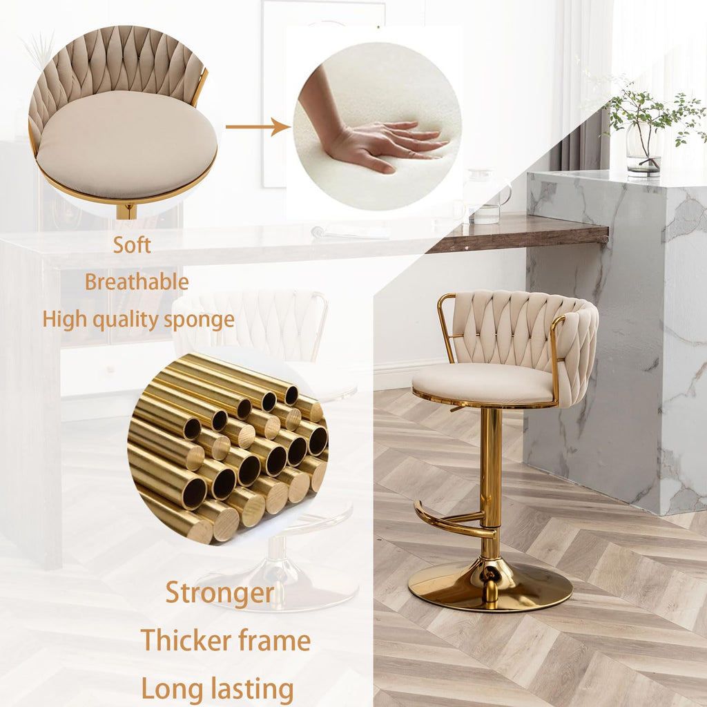Woven Bar Stools Set of 4, Counter Height Bar Stools with Low Back, Gold Swivel Barstools Island, Bar Pub (Beige)