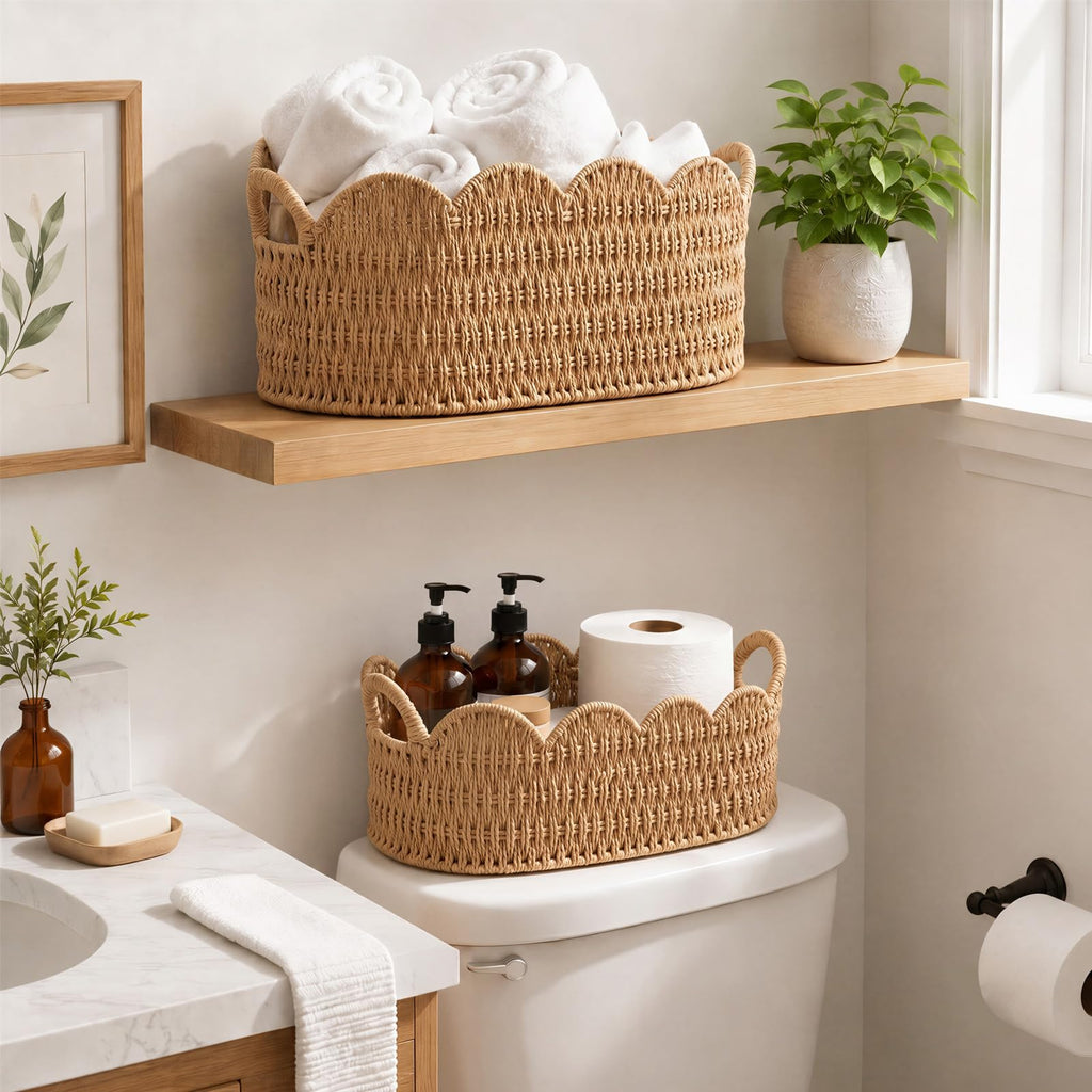 Paper Rope Scalloped Basket Set of 2, Wicker Storage Baskets for Shelves, Gifts, Books, Toys, Cute Decor Rattan Baskets