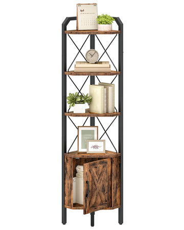 62.2" Corner Shelf with Cabinet, 4-Tier Tall Corner Bookshelf with X-Shaped and Diamond Design, Storage, Rustic Brown