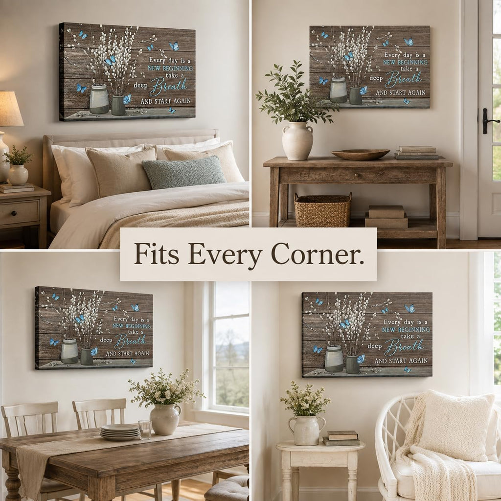 Farmhouse Bathroom Canvas Wall Art Vintage Rustic Country Flower Blue Butterfly Painting Picture Wall Decor Every day